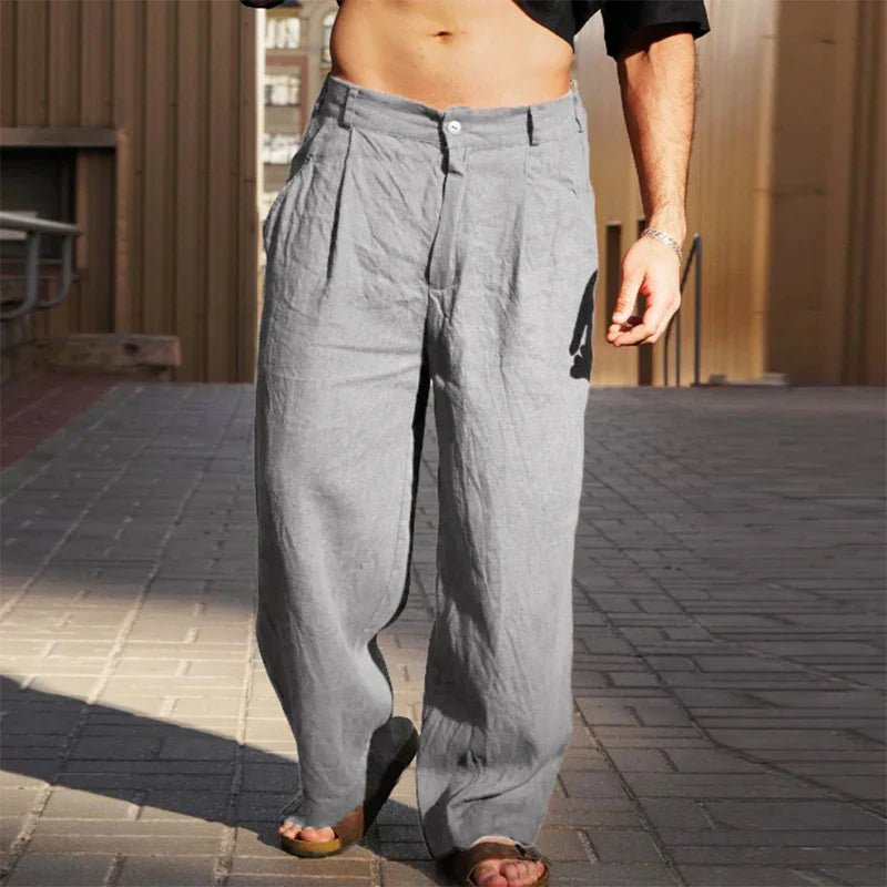 Men's Linen Wide-Leg Pants Pleated Relaxed Fit Summer - Light Grey
