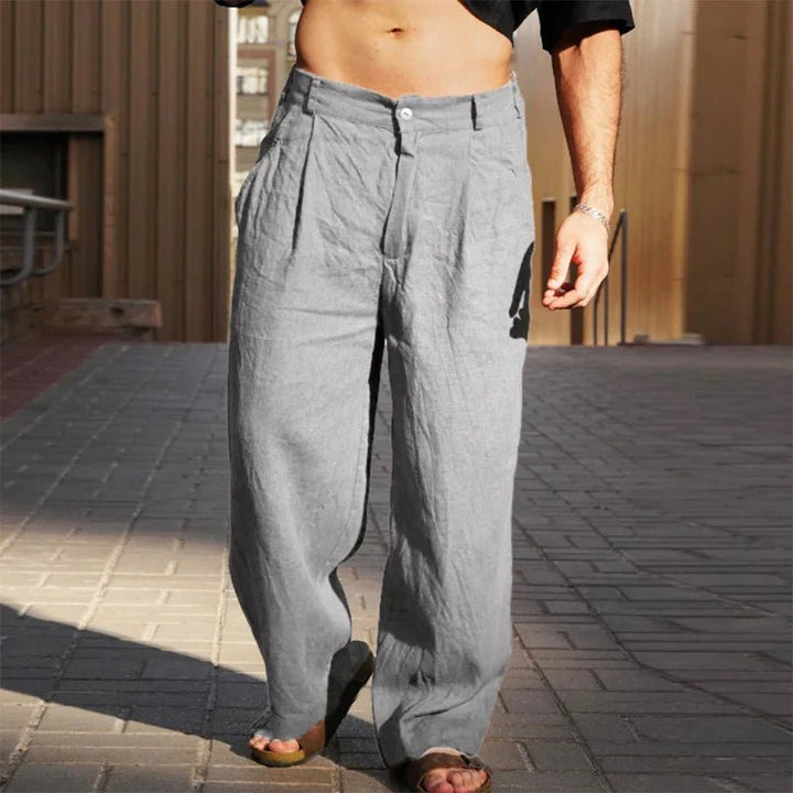 Men's Linen Wide-Leg Pants Pleated Relaxed Fit Summer - Light Grey
