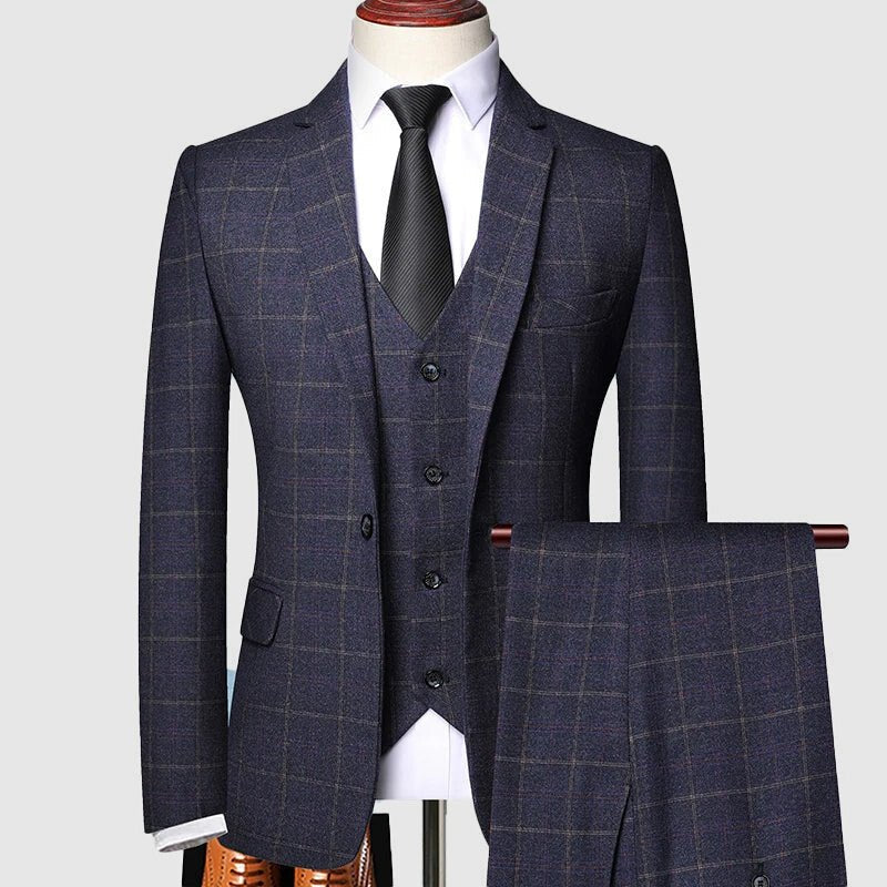 Men's Tailored Three-Piece Windowpane Check Suit - Navy Blue
