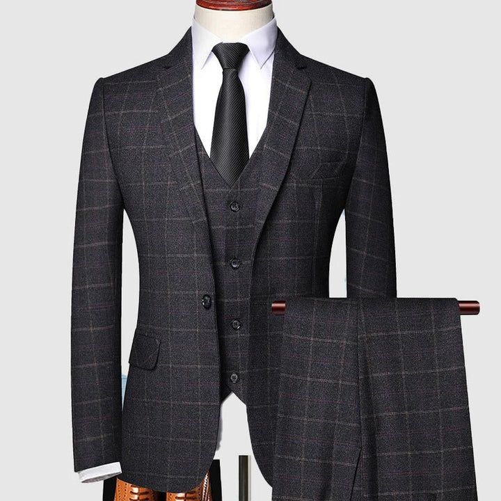 Men's Tailored Three-Piece Windowpane Check Suit - Black