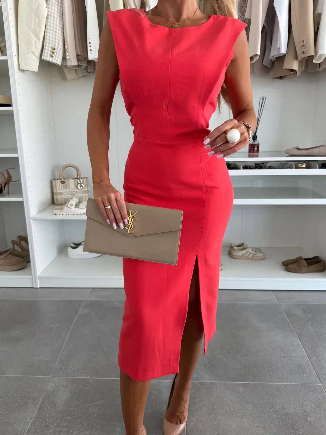 Midi Dress Sleeveless Figure Enhancing Front Slit