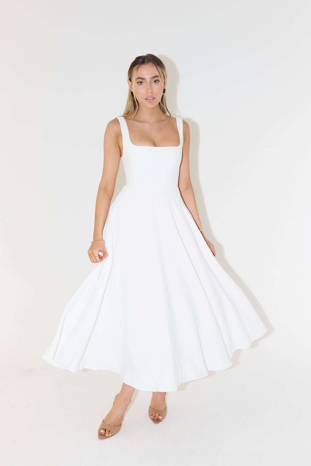 Midi Dress Square Neckline A-Line Sleeveless - Weiß