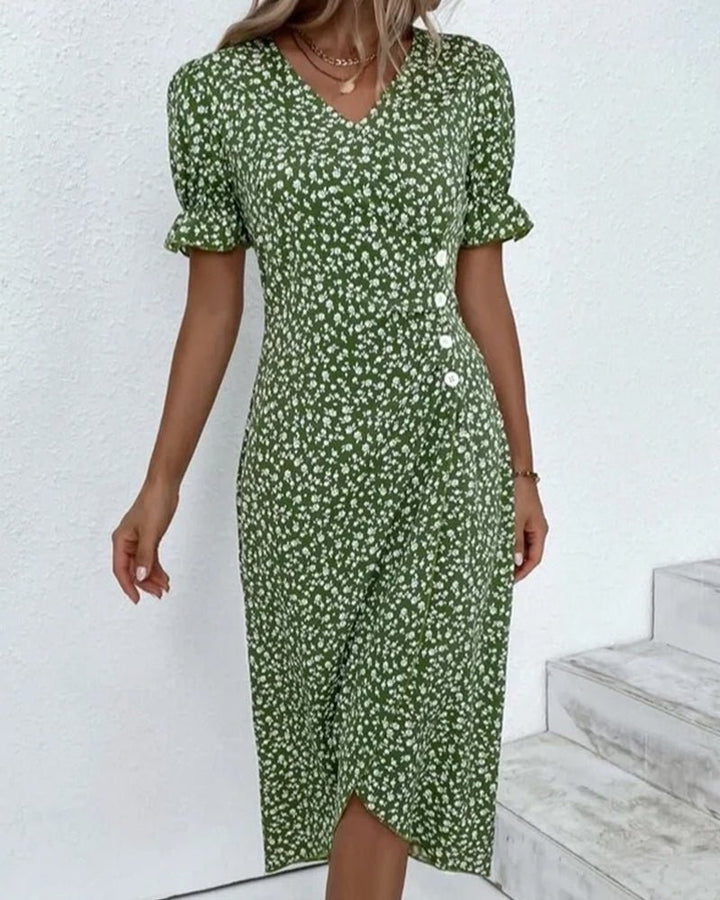 Midi Wrap Dress V-Neck Floral Print Button Side