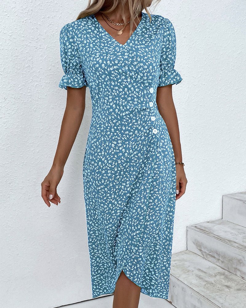 Midi Wrap Dress V-Neck Floral Print Button Side