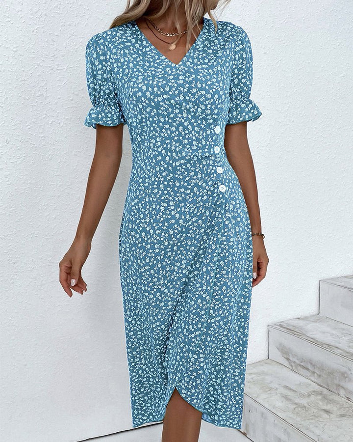 Midi Wrap Dress V-Neck Floral Print Button Side
