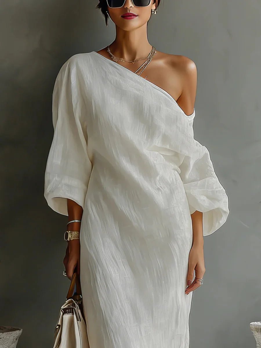 One Shoulder Linen Maxi Dress Asymmetrical Relaxed Fit