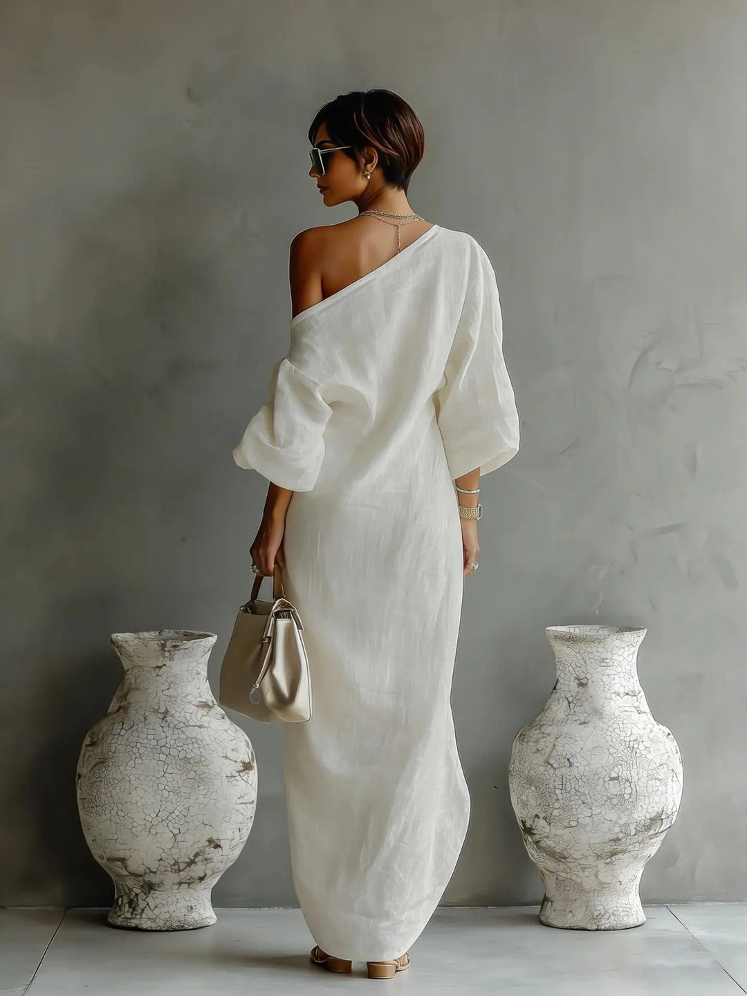 One Shoulder Linen Maxi Dress Asymmetrical Relaxed Fit