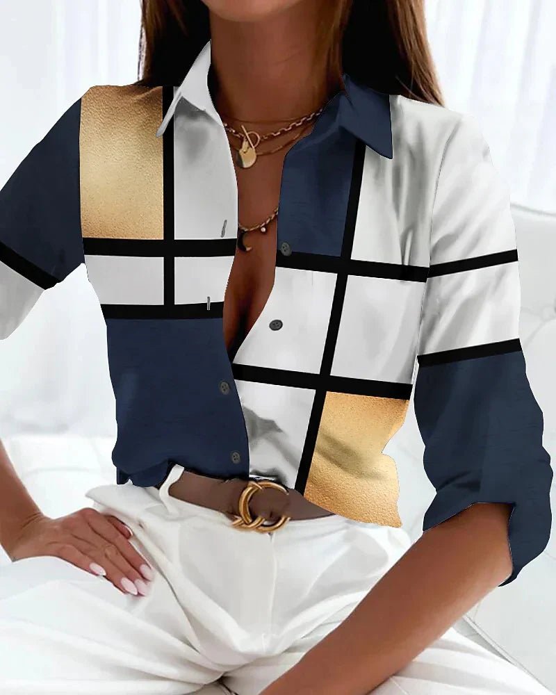 Plus Size Button-Up Shirt Abstract Geometric Print Casual - Gold