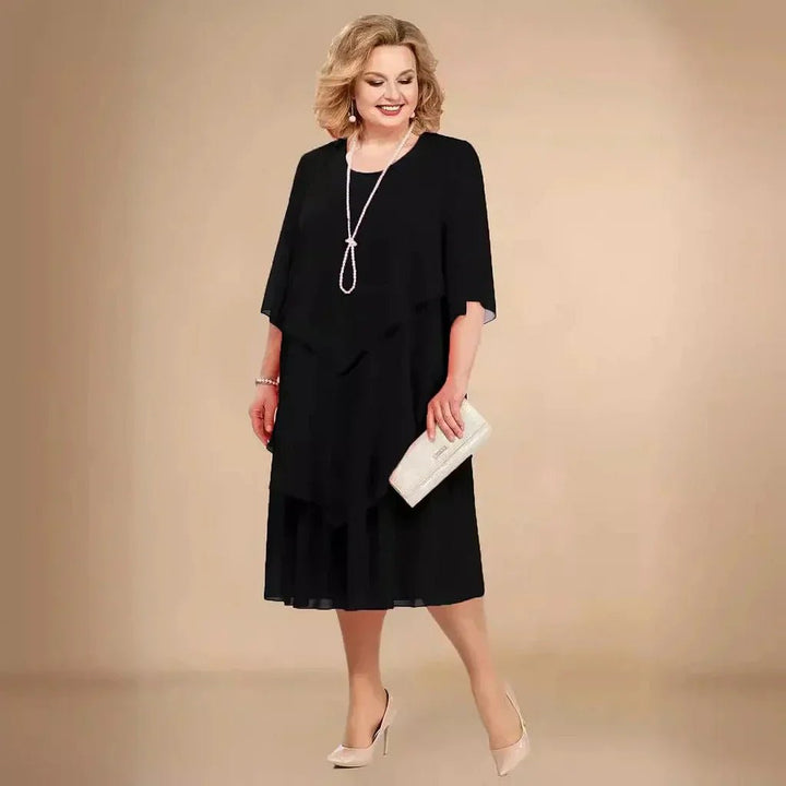 Plus Size Chiffon Dress Layered Asymmetrical Knee Length - Black