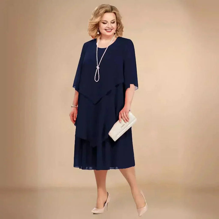 Plus Size Chiffon Dress Layered Asymmetrical Knee Length - Navy