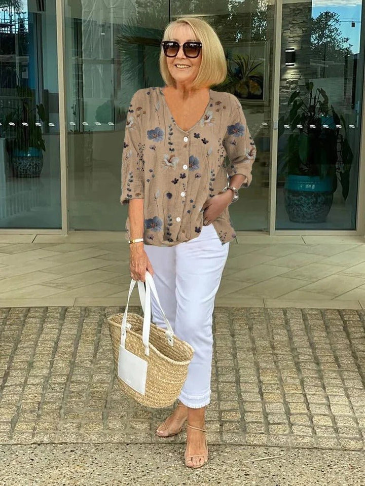 Plus Size Floral Blouse Three-Quarter Sleeve V-Neck - Khaki