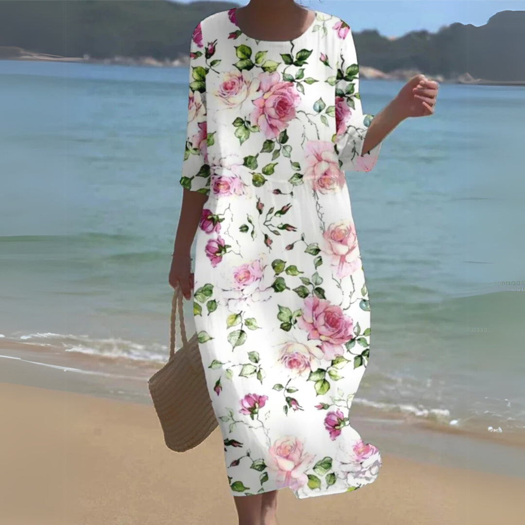 Plus Size Floral Maxi Dress Round Neck 3/4 Sleeve Casual