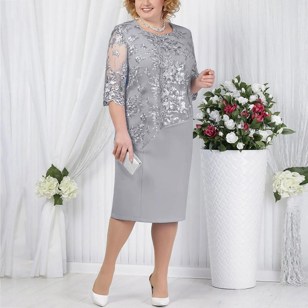 Plus Size Lace Midi Dress Floral Embroidered Formal - Grey