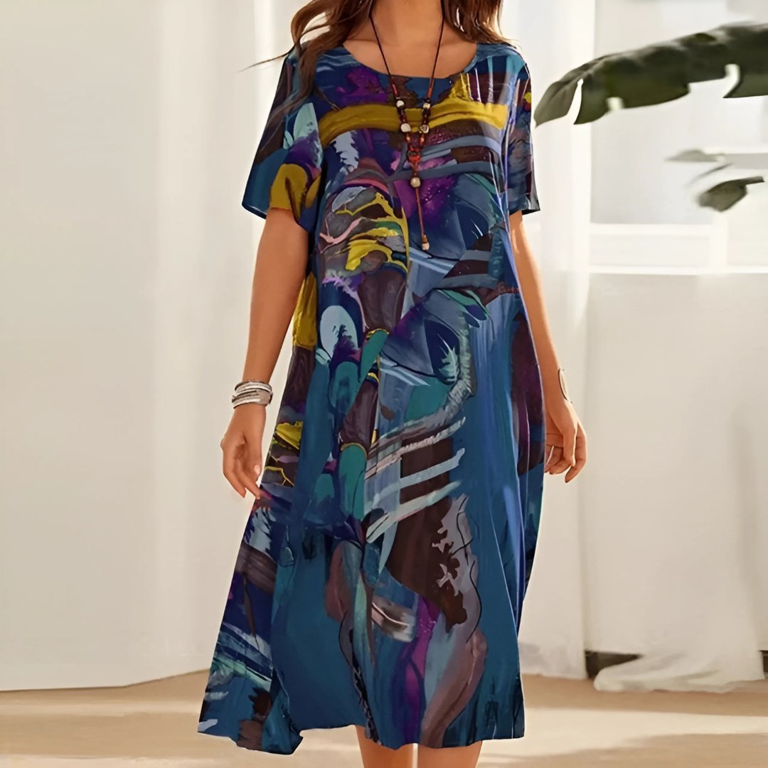 Plus Size Maxi Dress Short Sleeve Abstract Print Casual - Blue