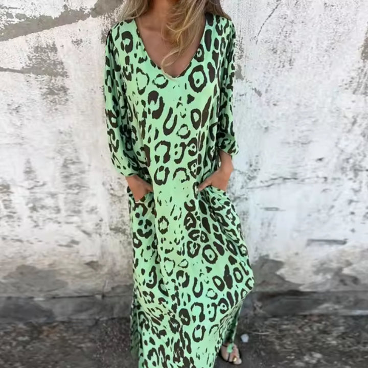 Plus Size Maxi Dress V-Neck Long Sleeve Leopard Print Casual - Green