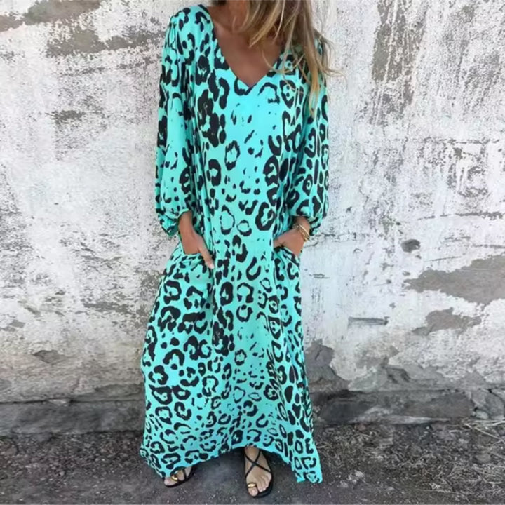 Plus Size Maxi Dress V-Neck Long Sleeve Leopard Print Casual - Turquoise