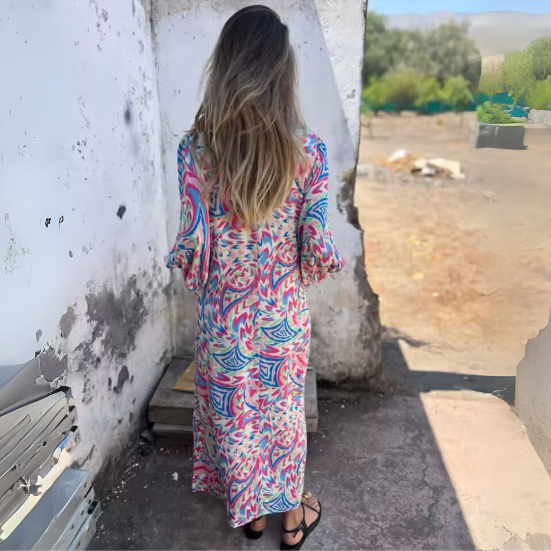 Plus Size Maxi Dress V-Neck Long Sleeve Leopard Print Casual