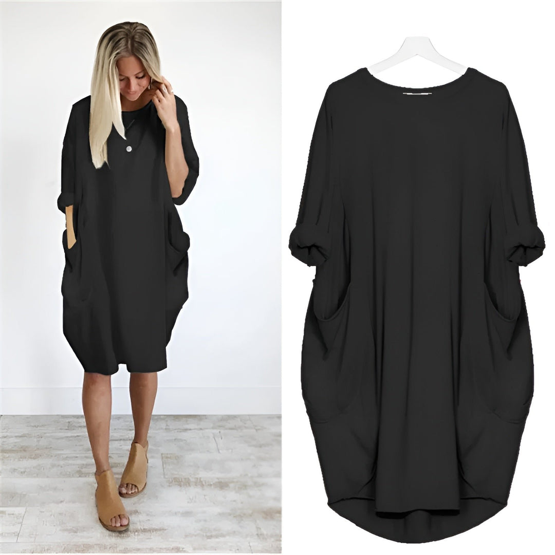 Plus Size Midi Dress with Pockets Oversized Casual Comfort - Black