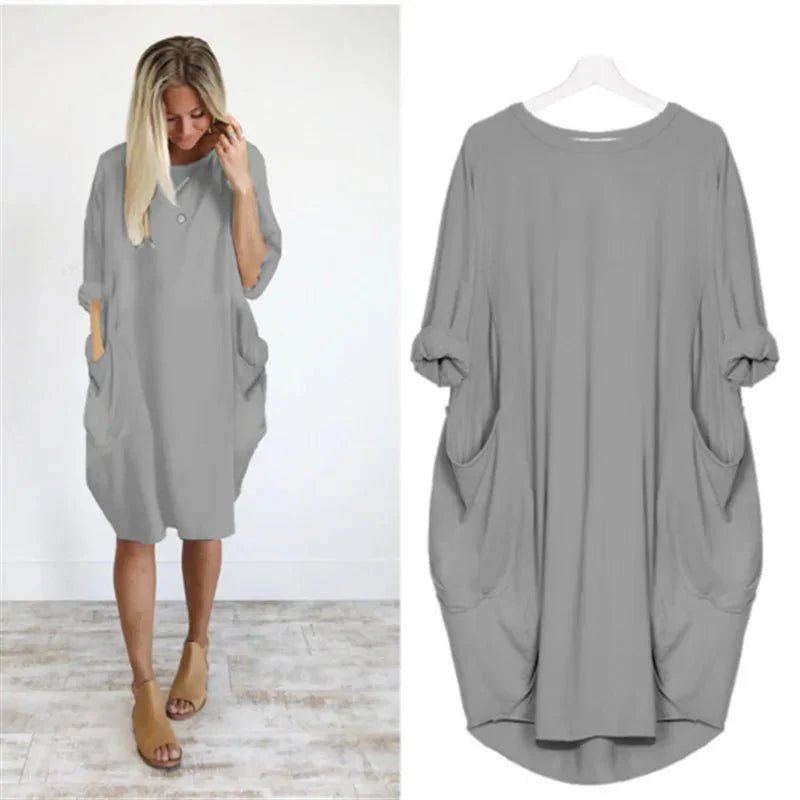 Plus Size Midi Dress with Pockets Oversized Casual Comfort - Gray