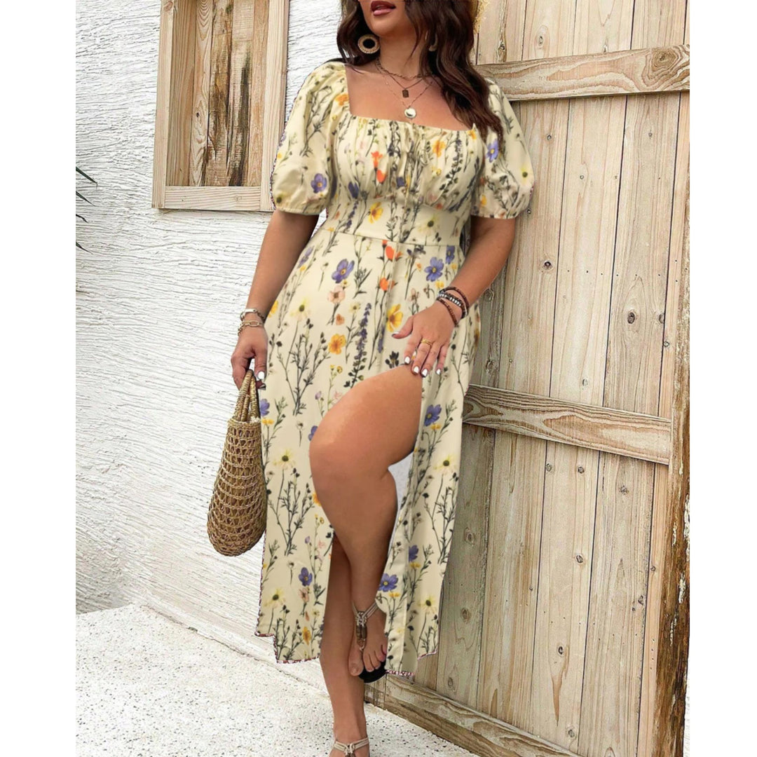 Plus Size Puff Sleeve Maxi Dress Elegant Flowing Formal - Apricot
