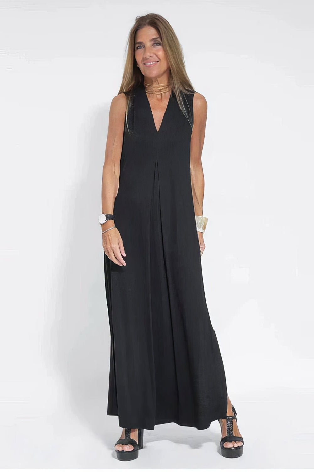 Plus Size Sleeveless Maxi Dress V-Neck Casual Elegant - Black