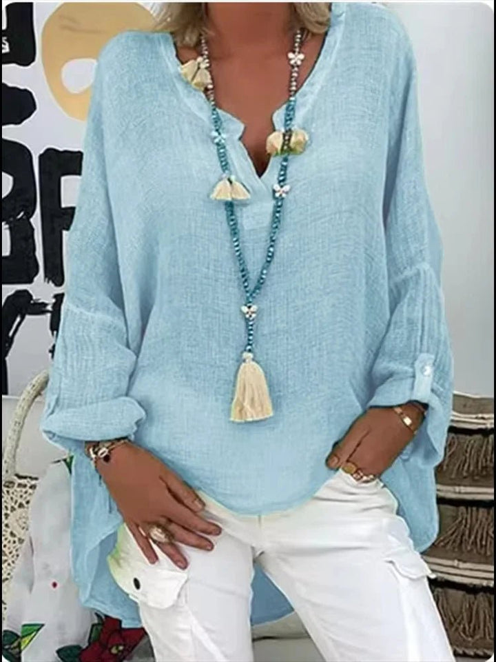 Plus Size Women's V-Neck Blouse Long Sleeve Relaxed Fit - Blue