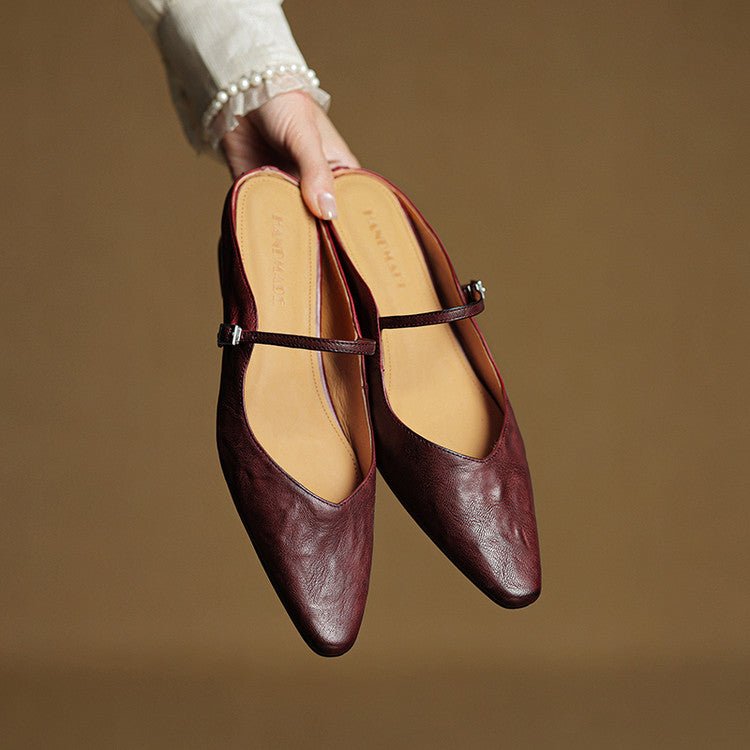 Pointed Toe Mules Genuine Leather Mary Jane Strap