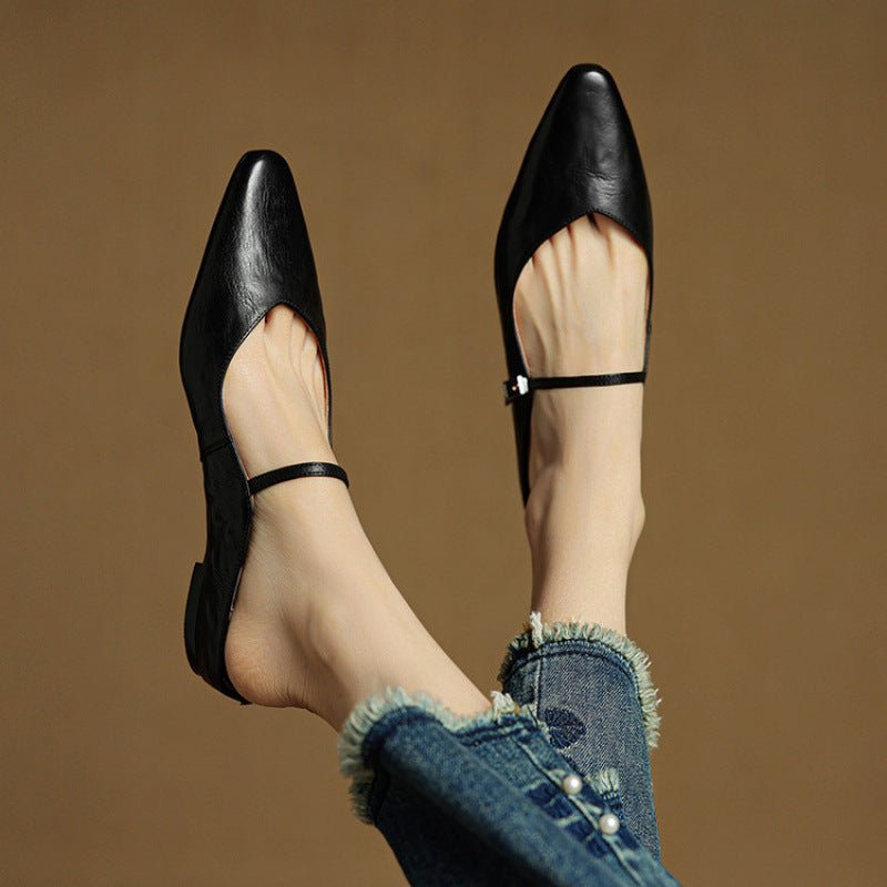 Pointed Toe Mules Genuine Leather Mary Jane Strap