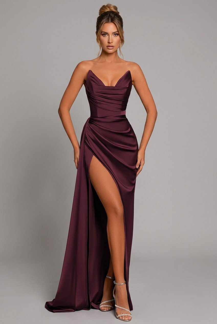 Satin Maxi Dress Ruched Sweetheart Split - Crimson Red