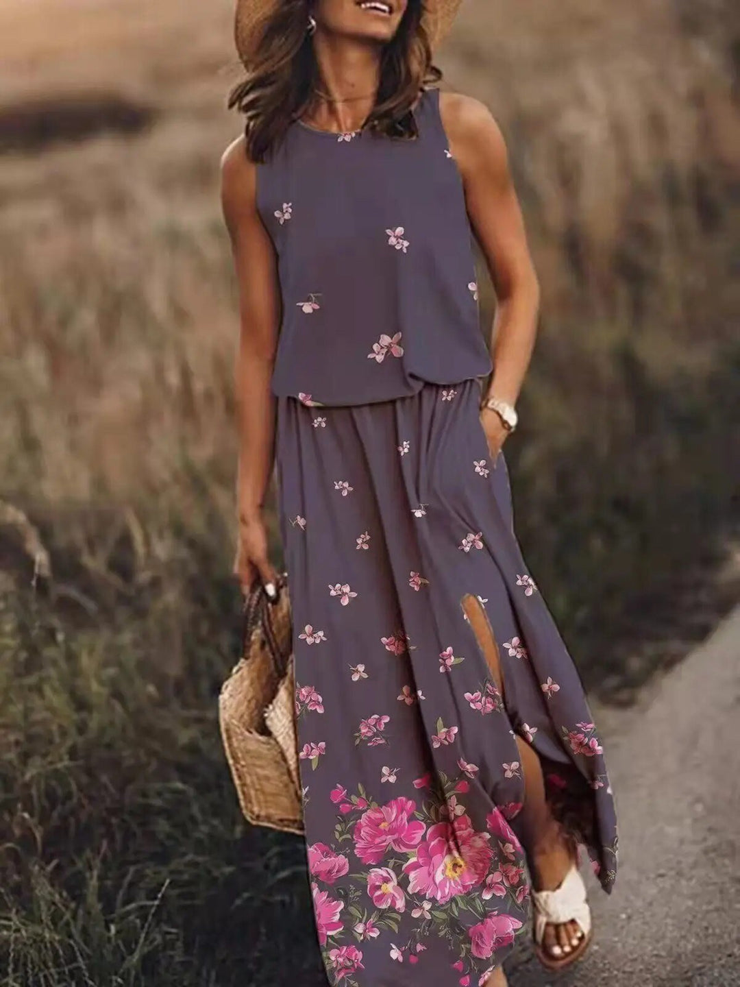Sleeveless Maxi Dress Elastic Waist Bohemian Summer - Purple