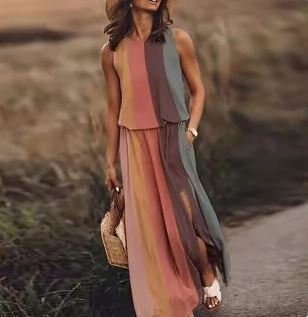 Sleeveless Maxi Dress Elastic Waist Bohemian Summer - Ombre