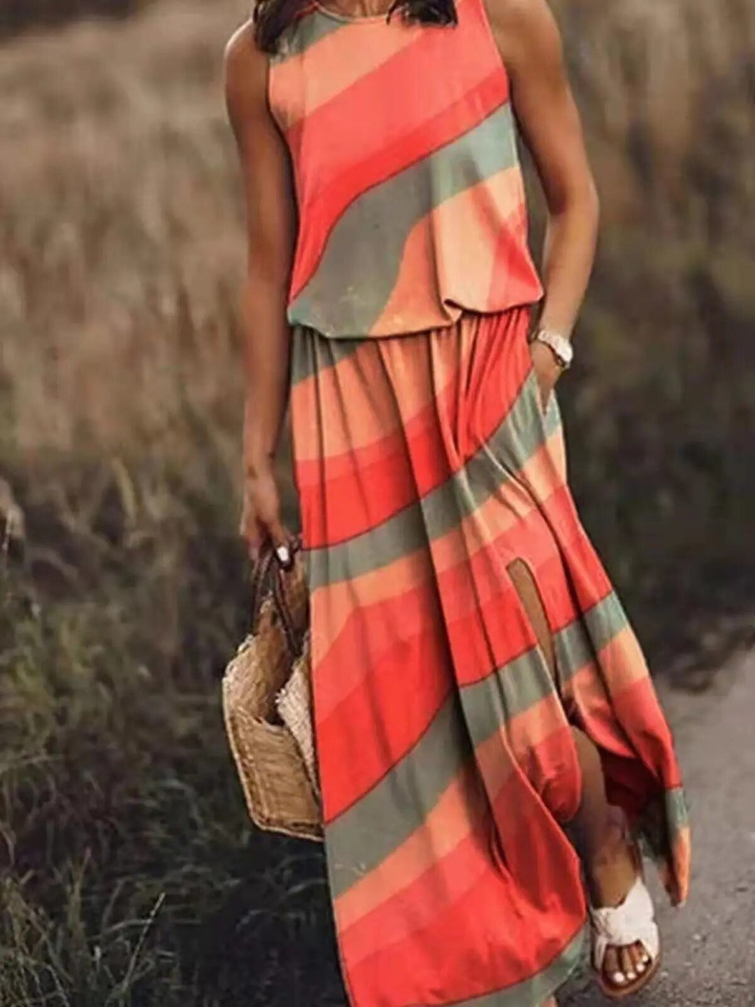 Sleeveless Maxi Dress Elastic Waist Bohemian Summer - Orange