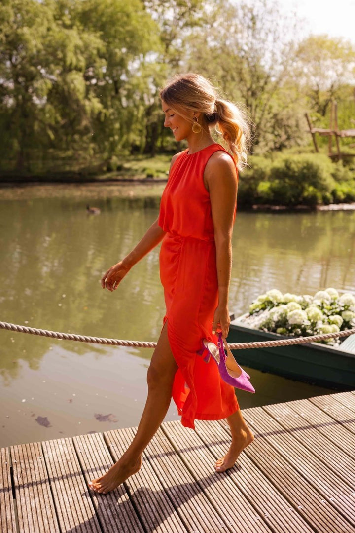 Sleeveless Midi Dress Round Neck Side Slit