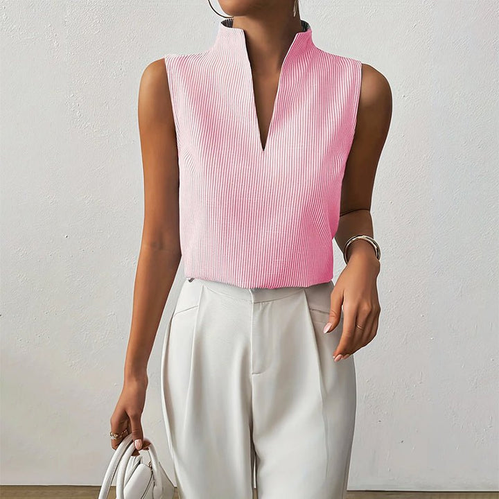 Sleeveless Striped V-Neck Blouse Stand Collar - Pink