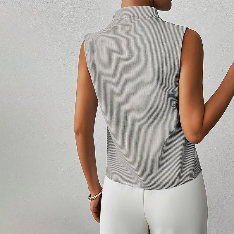 Sleeveless Striped V-Neck Blouse Stand Collar