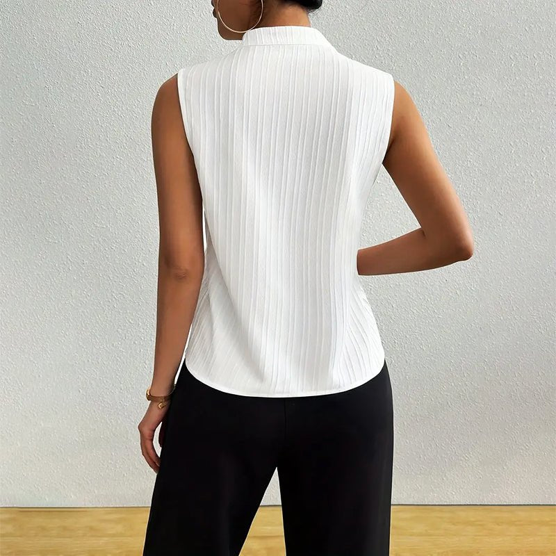 Sleeveless Striped V-Neck Blouse Stand Collar