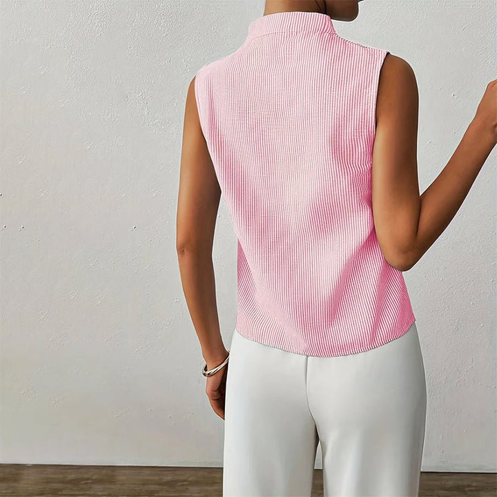 Sleeveless Striped V-Neck Blouse Stand Collar