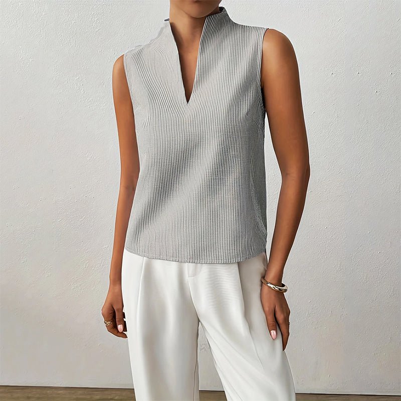 Sleeveless Striped V-Neck Blouse Stand Collar