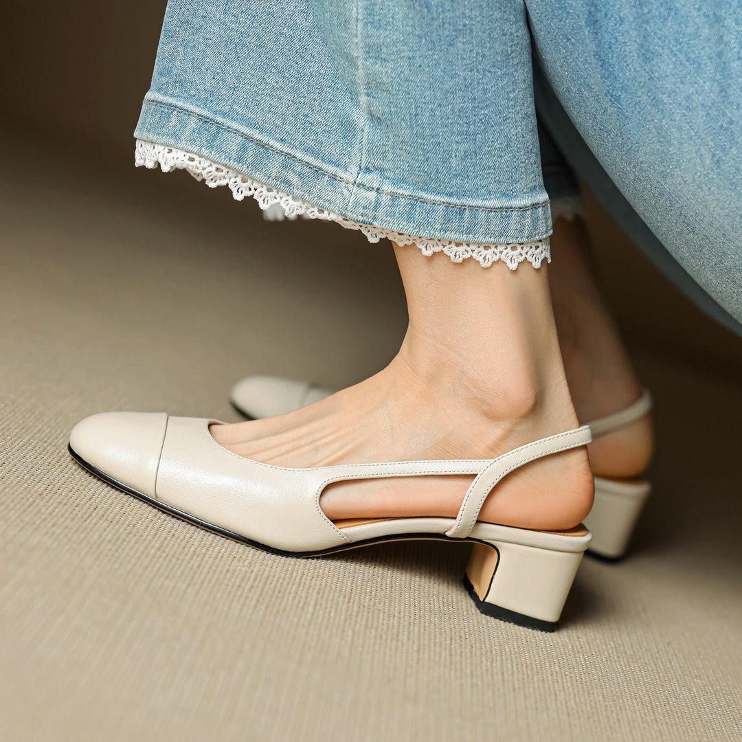 Slingback Pumps Genuine Leather Almond Toe Block Heel