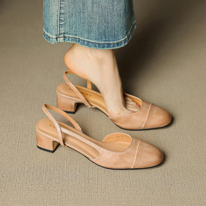 Slingback Pumps Genuine Leather Almond Toe Block Heel