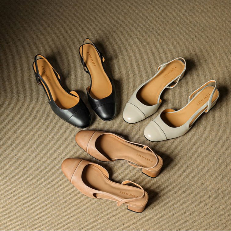 Slingback Pumps Genuine Leather Almond Toe Block Heel
