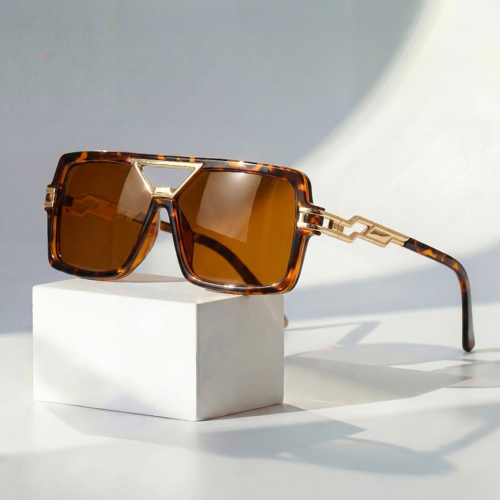 Sunglasses Chain Link Retro Square UV Protection Gold Accent - Leopard