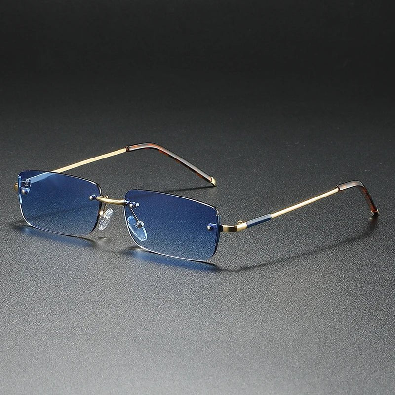 Sunglasses Rimless Rectangular Gold Gradient Tinted - Blue