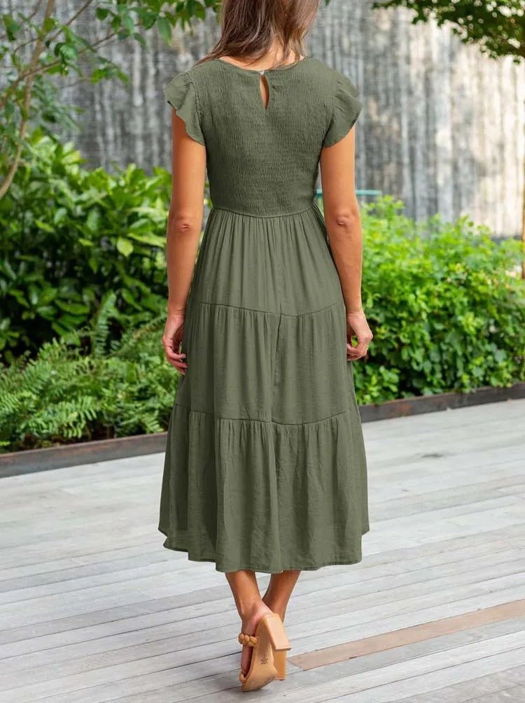 Tiered Maxi Dress Cap Sleeve Tummy Control
