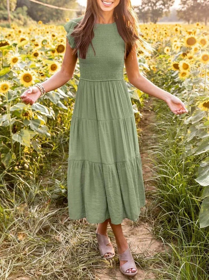 Tiered Maxi Dress Cap Sleeve Tummy Control