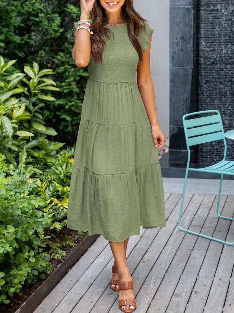 Tiered Maxi Dress Cap Sleeve Tummy Control - Dark green