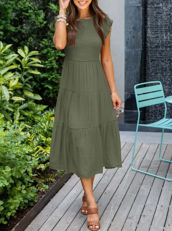 Tiered Maxi Dress Cap Sleeve Tummy Control