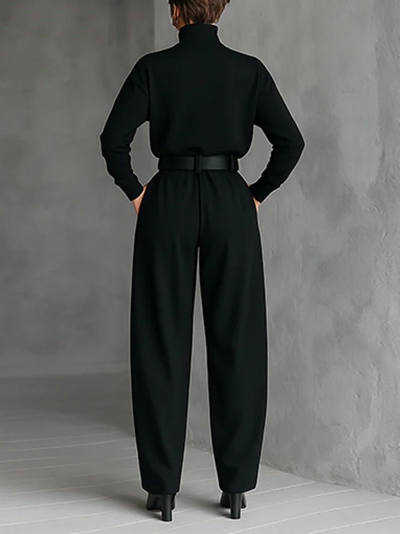 Turtleneck Jumpsuit Set Long Sleeve High Waist Belt