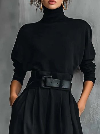 Turtleneck Jumpsuit Set Long Sleeve High Waist Belt