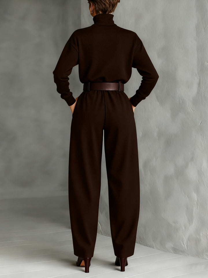 Turtleneck Jumpsuit Set Long Sleeve High Waist Belt